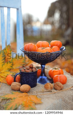 
autumn outside still life with fruit and nuts
