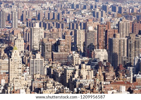 Aerial view of dense urban buildings and skyscrapers in New York city, USA