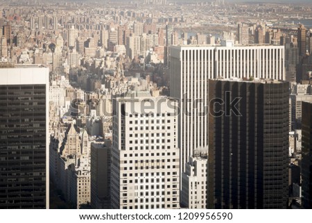 Aerial view of New York skyscraper buildings with a faded retro feel