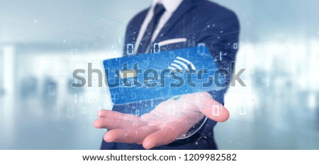 View of a Man holding a contactless credit card payment concept 3d rendering