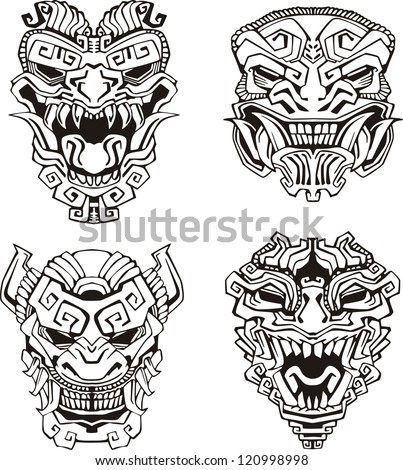 Aztec monster totem masks. Set of black and white vector illustrations. Royalty-Free Stock Photo #120998998