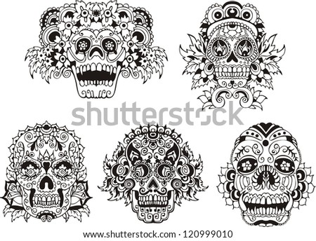 Floral ornamental skulls. Set of black and white vector illustrations. Royalty-Free Stock Photo #120999010