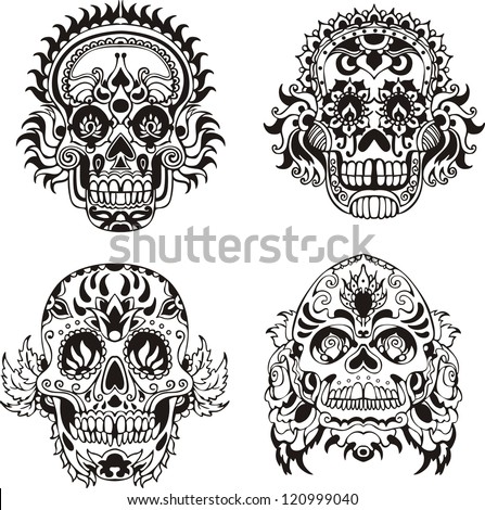 Floral ornamental skulls. Set of black and white vector illustrations. Royalty-Free Stock Photo #120999040