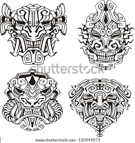 Aztec monster totem masks. Set of black and white vector illustrations. Royalty-Free Stock Photo #120999073