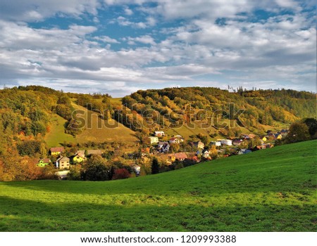 Beautiful Czech landscape, countryside and nature in Hradec nad Moravici on sunny autumn day - concept of coming of the autumun / fall season. 