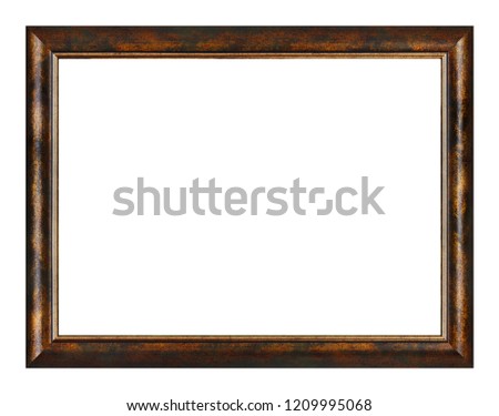 Empty wooden bronze frame for paintings, mirrors or photos isolated on white