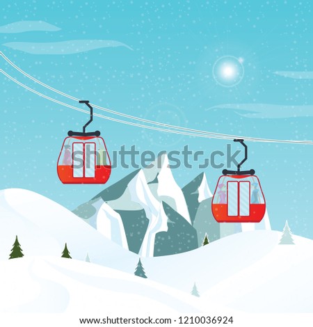 Cable cars or aerial lift moving above the ground against winter landscape, Winter activities conceptual vector illustration.
