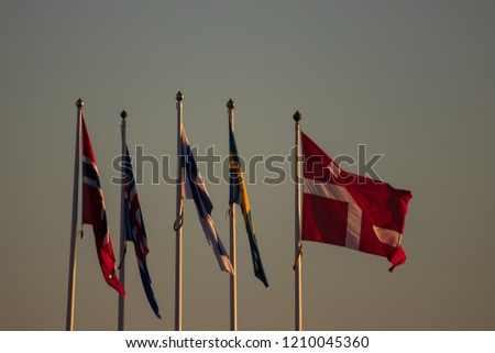 Nordic countries flags blowing in the wind during sunset