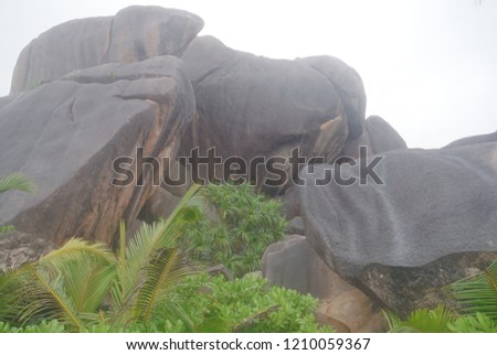 The boulders in the rain in Seychelles