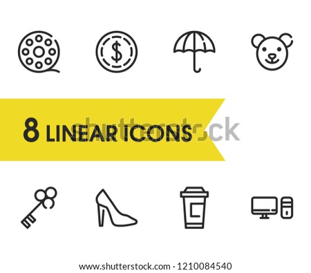 Coffee cup icon with toy, PC and umbrella symbols. Set of dollar, production, toy icons and filmstrip concept. Editable vector elements for logo app UI design.