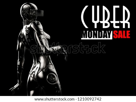 3D illustration. Cyber monday design with fashion woman robot on black background.