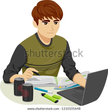 Illustration of a Teenage Guy Studying for Exams with Notes, Laptop, Drinks and Markers