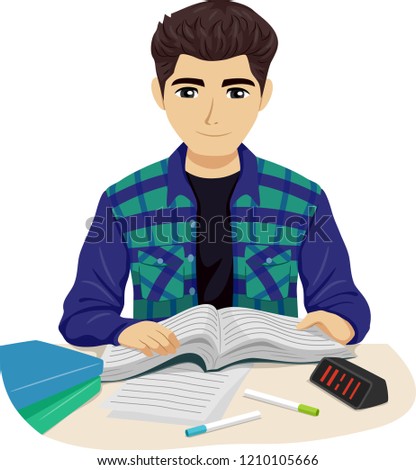 Illustration of Teenage Guy Reading a Book Studying with Markers and Clock