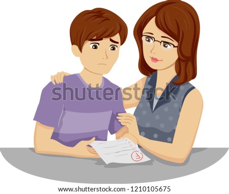 Illustration of a Teenage Guy Being Consoled by an Adult Woman Over a Failing Grade