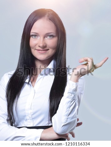 business woman with finger point up posing on white background