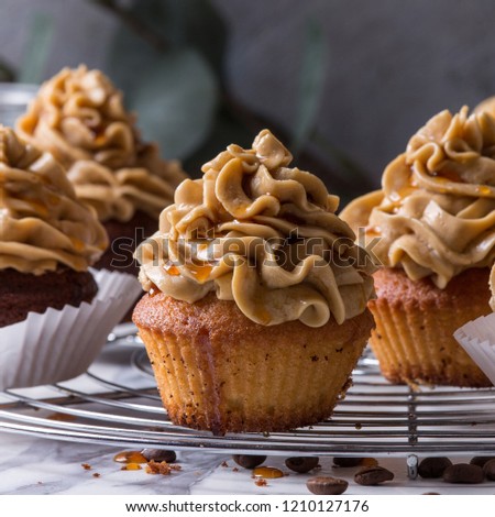 Fresh baked homemade cupcakes with coffee buttercream and caramel standing on cooling rack with eucalyptus branch and coffee beans above over white marble kitchen table. Close up. Square image