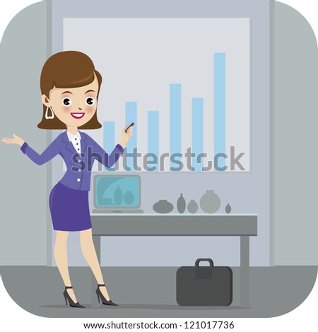 Business woman pointing to rising business trends. Illustration in color