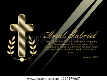 Luxurious obituary with golden crucifix and lawrence branches on black background. Funeral announcement in luxurious design. Christian burial elements