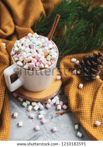 White Cup of Hot Chocolate, Yellow Plaid, Cone, Pine Branch, Fir Tree, Colorful Marshmallows, Winter,  Christmas