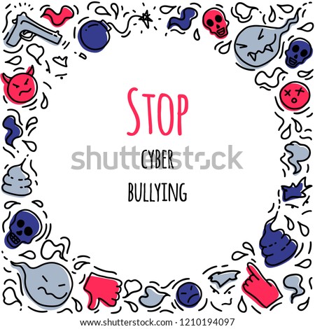 The concept of cyberbullying. Negative obtained through the Internet. Problems in social networks. Text "Stop Cyber Bullying" Hand-Drawn Doodle Style in Vector