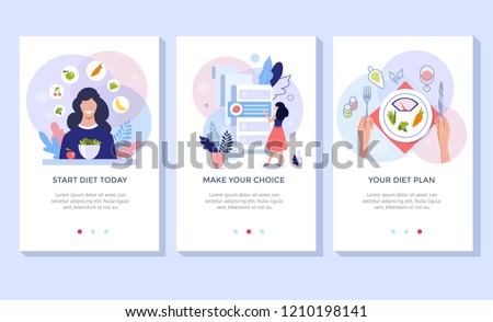 Vegetarianism and dieting concept banner set, mobile app templates. Vector illustration of young woman eating healthy vegetarian salad. Royalty-Free Stock Photo #1210198141