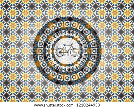bike icon inside arabic style emblem. Arabesque decoration.