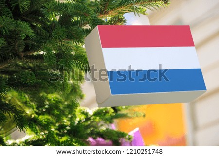 Netherlands flag printed on a Christmas gift box. Printed present box decorations on a Xmas tree branch. Christmas shopping in , sale and deals concept. 