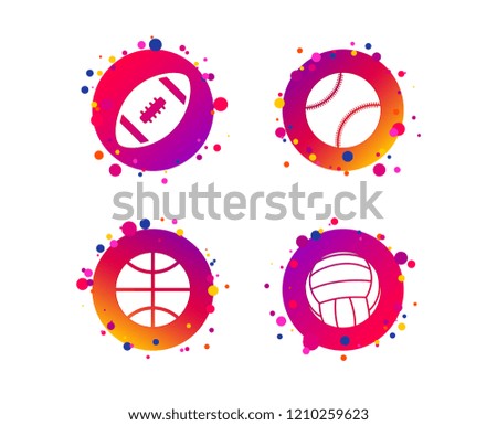 Sport balls icons. Volleyball, Basketball, Baseball and American football signs. Team sport games. Gradient circle buttons with icons. Random dots design. Vector