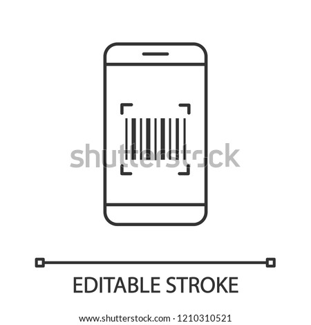 Barcode scanning app linear icon. Smartphone reading linear barcode. Thin line illustration. One dimensional code scanner. Contour symbol. Vector isolated outline drawing. Editable stroke