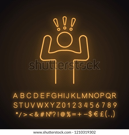 Anxiety neon light icon. Panic attack. Nervous tension. Stress. Head problems. Emotional stress symptom. Glowing sign with alphabet, numbers and symbols. Vector isolated illustration
