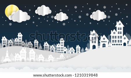 hill houses landscape at night. blue background.