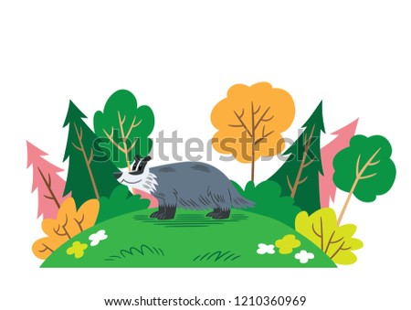 Cartoon style illustration of a smiling badger in a forest setting.