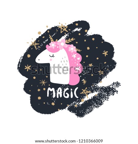 Cute hand drawn unicorn nursery art. Pastel colors. Good for girl prints, birthday invitations, cards. Postcard with magical pony. Vector, clip art. Fairy tale theme, doodle style