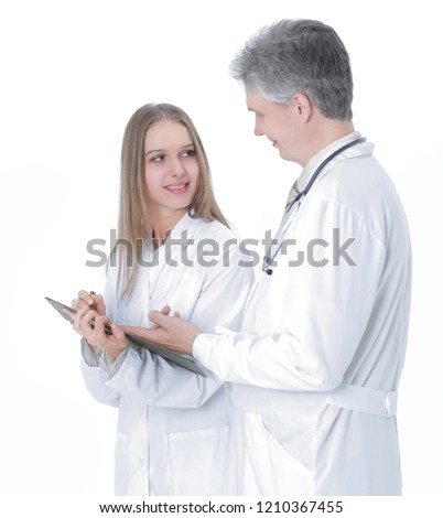 two confident doctor discussing the patient's medical card.