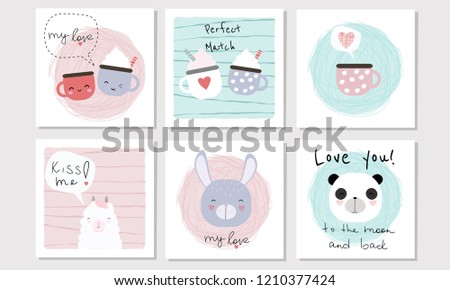 Set of 6 vector cards in Valentine Day theme with animals, cups and lettering. Perfect for greeting cards, postcards, tags, etc. Royalty-Free Stock Photo #1210377424