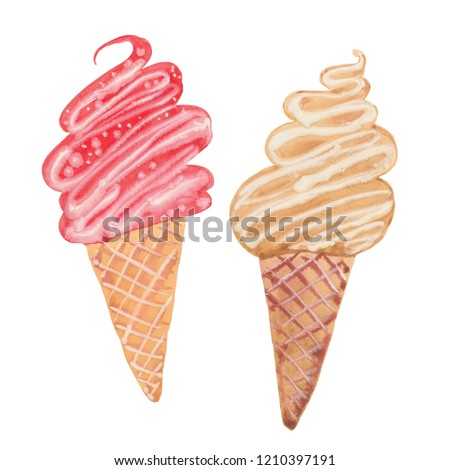 Strawberry and caramel ice cream in a waffle cone, Hand drawn watercolor painting. Hand drawn watercolor painting. Illustration  on white background

