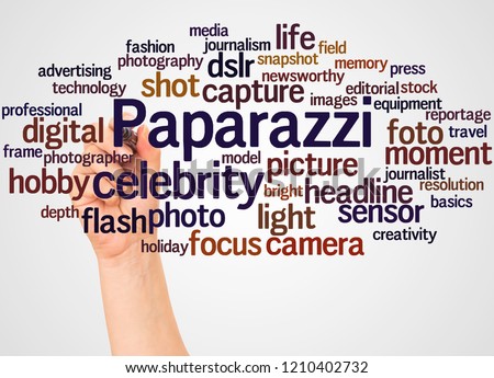 Paparazzi word cloud and hand with marker concept on white background.