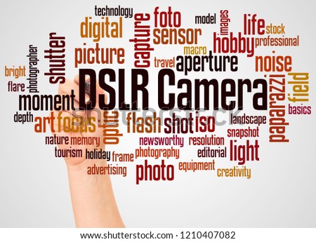 DSLR Camera word cloud and hand with marker concept on white background.