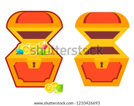 Empty and full treasure chest with coins and gems in cartoon style