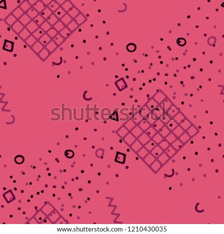Vintage Memphis Texture. Seamless Background for Wallpaper, Fabric, Cloth in Trendy Style. Colorful Geometric Pattern with Hand Drawn Scribble Elements. Colorful Triangles, Rings, Zigzags and Dots.