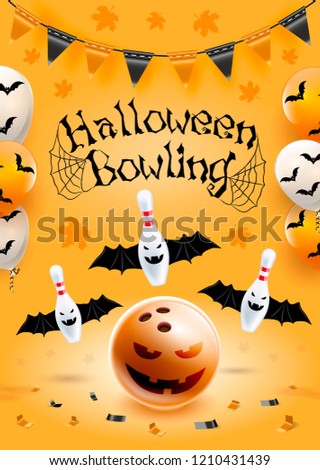 Halloween bowling flyer template. A6 format size. Vector clip art illustration.