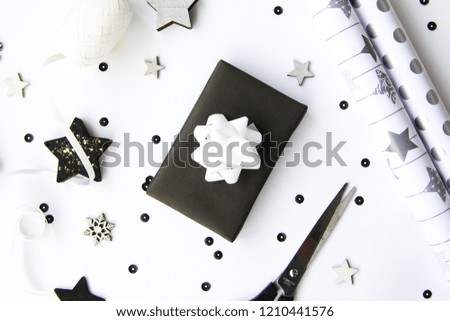 Christmas, gifts, white background, stars, sparkles, snowflakes, top view, flat lay, festive concept,