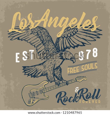 vintage rock and roll vector graphic illustration with hand drawn American eagle and electric guitar