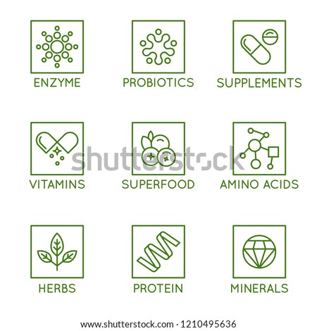 Vector set of icons and badges for packaging for natural health products, vitamins, supplements - healthy eating and dieting - set of design elements for organic and bio products Royalty-Free Stock Photo #1210495636