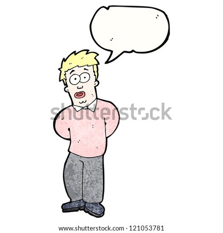 cartoon shy man with speech bubble