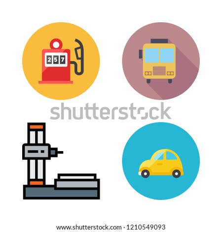 automobile icon set. vector set about industrial robot, school bus, car and gas station icons set.