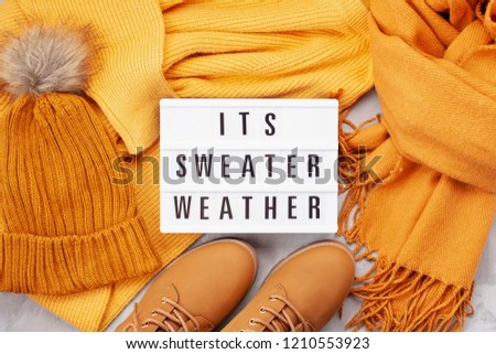 Flat lay with comfort warm outfit for cold weather. Lightbox with the text It's Sweater Weather. Comfortable autumn, winter clothes shopping, sale, style in trendy colors concept Royalty-Free Stock Photo #1210553923