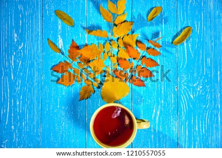 Square autumn picture with cup of hot tea near autumn leaves on blue background