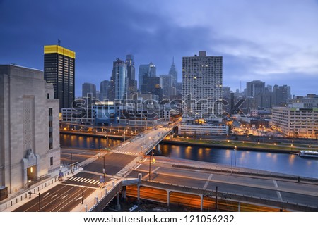 Philadelphia. Image of Philadelphia skyline and streets of Philadelphia during twilight blue hour.