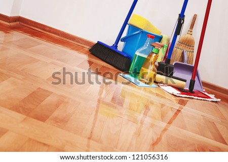 House cleaning -Cleaning accessories on floor room Royalty-Free Stock Photo #121056316